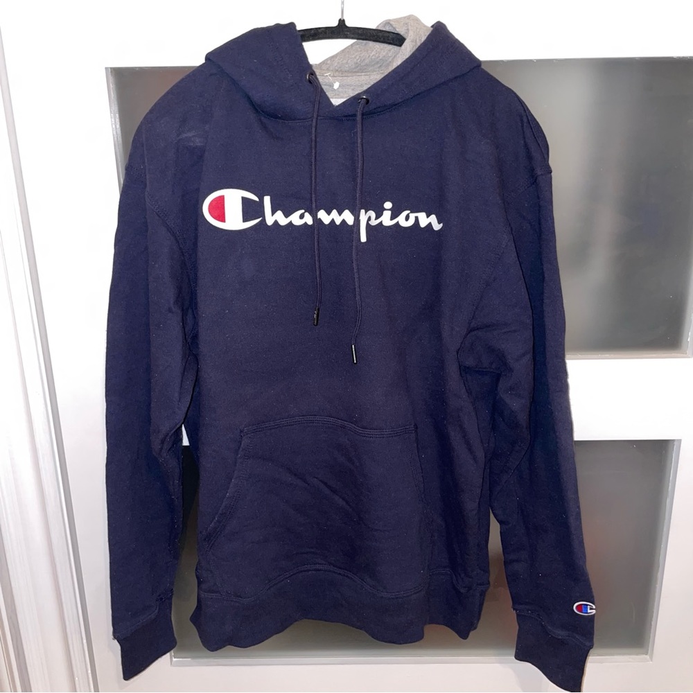 NEW Champion Chest Script Pullover Hoodie - Navy